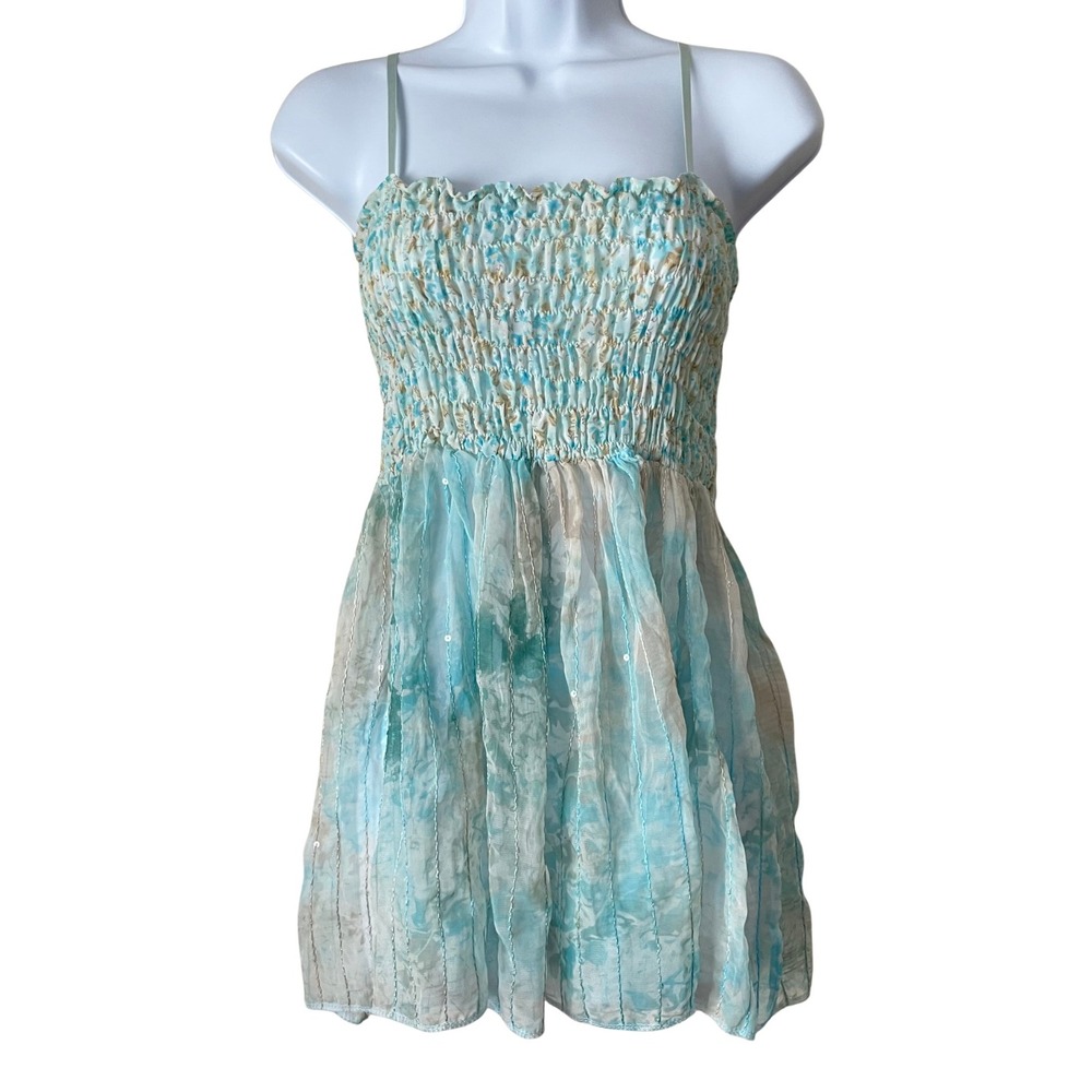 Vintage Y2K Fairy Floral Smocked Metallic Sequins Top Motivi Blue Womens Medium